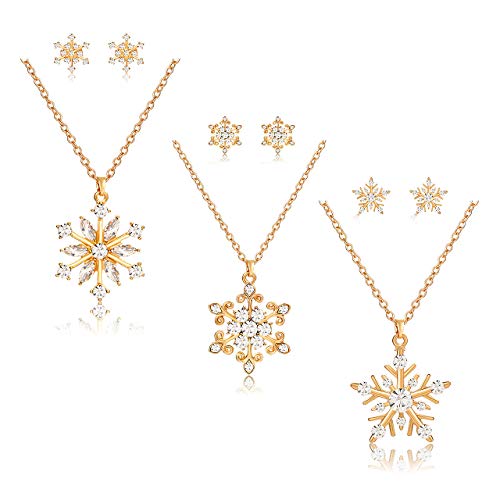 CEALXHENY Snowflake Pendant Necklace Stud Earrings Set Rhinestone Crystal Christmas Necklaces Holiday Earrings for Women Jewelry Set (Gold)
