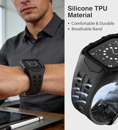 Nereides Rugged Case with Band for Apple Watch Series 9/8/7/6/5/4/SE 3/SE 2/SE 44mm/45mm, Breathable TPU Sport Strap + PC Protective Bumper, Shock-Resistant, Sweat & Water-Resistanty (Black) by Nereides - Image 2