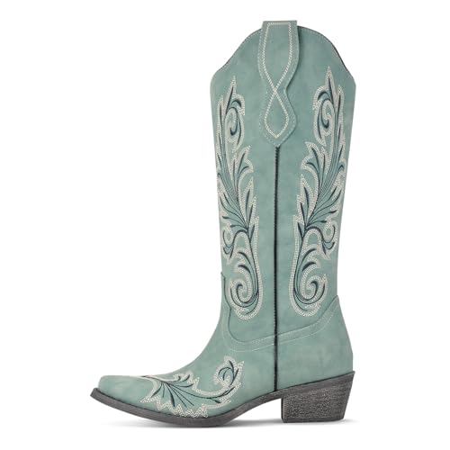 Richealnana Women's Western Cowboy Block Heel Embroidered Pull On Boots