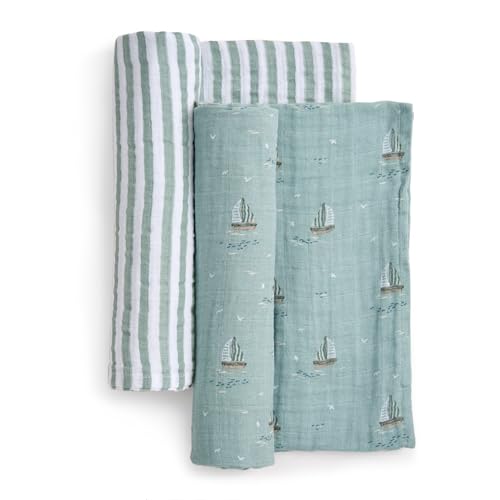 Image of aden + anais Boutique Organic Cotton Muslin Swaddle 2 Pack, Breathable Baby Receiving Blanket, Soft and Lightweight Wrap, Diaper Bag Must Have, Sailing Seas