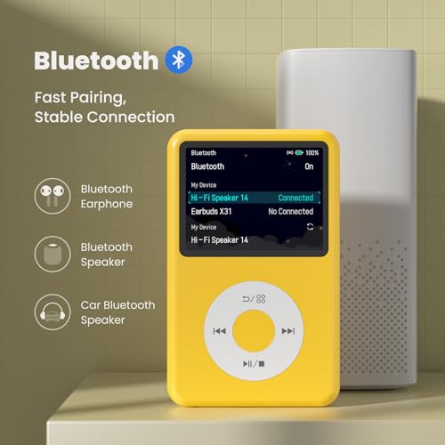 Image of Innioasis 128GB Mp3 Music Player Pocket with Bluetooth, 2.4 inch Screen Video Playback Mini Mp3 HiFi Music Player with SD Card for Home 2025 Yellow