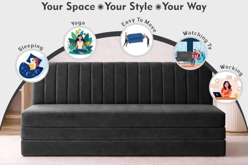 Image of Rosebell -3 Seater Upholstered Armless Sofa Cum Bed with Backrest | Velvet Fabric Finish | Modern Living Room & Bedroom -Black