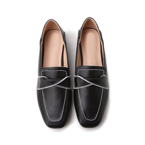 ChaiRong Zhou Women Square Toe Pu Leather Soft Support Flats Slip on Casual Dress Office Driving Shoes3