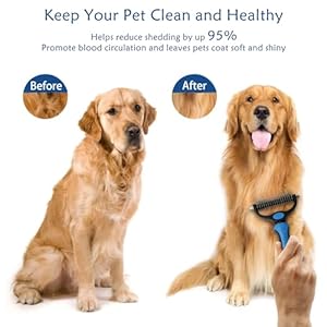 Pet Grooming Brush, 2 Sided Undercoat Rake for Dogs & Cats，Shedding Brush for Long matted Haired Pets, Effective Dematting Mats&Tangles Removing (Blue)