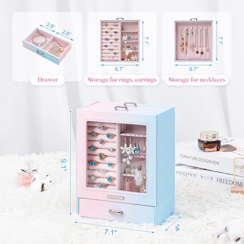Homde Jewelry Organizer Girls Women Jewelry Box For Necklaces Rings Earrings Gift Jewelry Storage Case (Blue + Pink) #TOP3