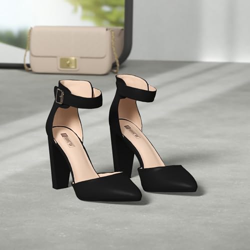 IDIFU Women's IN4 Pedazo High Block Heels Pumps Pointed Closed Toe Ankle Strap Dress Wedding Shoes (Black Pu, 7 M US) - Image 2