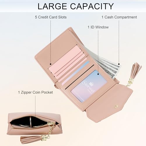 Sunwel Fashion Girls Wallet Cute Coquette Bow Small Zipper Coin Wallet Aesthetic Card Holder ID Window with Tassel Charm for Women (PINK)2
