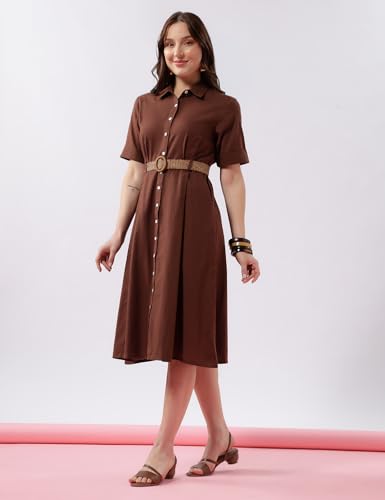 Image of FYLTR Women's Solid Midi Dress - 100% Cotton | Half Sleeve | Western Dress for Women | Office wear Dress (Belt Included)