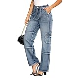 AprPith Womens Cargo Jeans High Waisted Straight Wide Leg Y2k Baggy Trendy Denim Pants with Zipper Pockets Blue