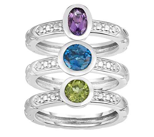Femme Luxe Amara Stackable Gemstone Rings Set - Natural Peridot, Amethyst and Blue Topaz, 925 Sterling Silver, Hypoallergenic, Gift for Women, Multiple Sizes2