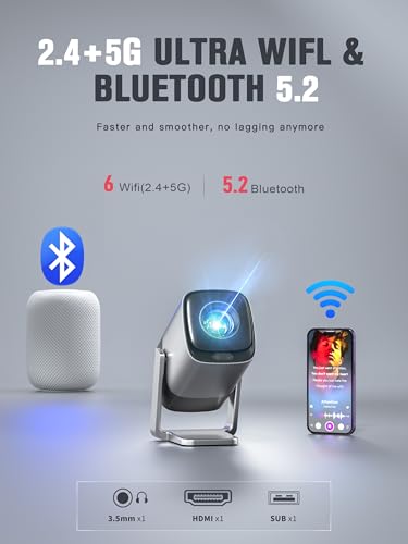 Image of [2800 ANSI & Auto Focus]Silver Smart Mini Projector with WiFi and Bluetooth, XuanPad 4K Support Movie Projector, Portable Native 1080P Outdoor Projector with 360 Stand