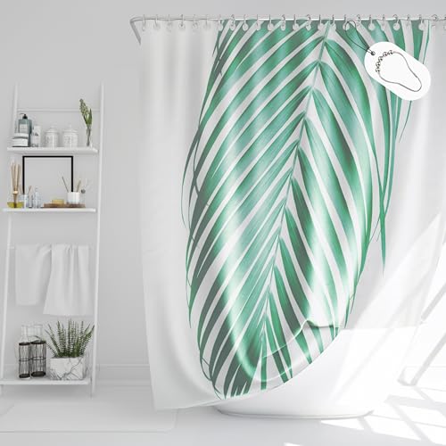 DROPHOP Rideau de douche 180 x 200 cm en polyester textile vert tropical blanc feuille de palmier plante nature jungle ourlet lesté opaque 100 % imperméable...