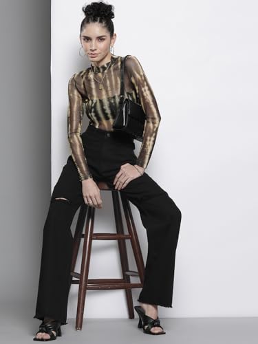 Image of Sassafras Women's Distressed Slim Fit Slit - Casual Streetwear Denim Wide Leg Jeans