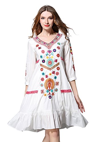 Shineflow Womens Casual 3/4 Sleeve Floral Embroidered Mexican Peasant Dressy Tops Blouses Shirt