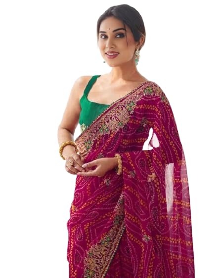 Image of Women's Georgette Bandhani Printed Embroidery Saree with Unstitched Blouse Piece
