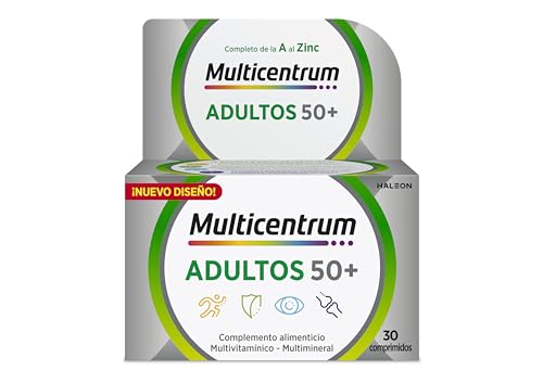 Multicentrum Adultos 50+, Complemento Alimenticio Multicolor Vitaminas con 13 Vitaminas y 11 Minerales, Sin Gluten, 30 Comprimidos