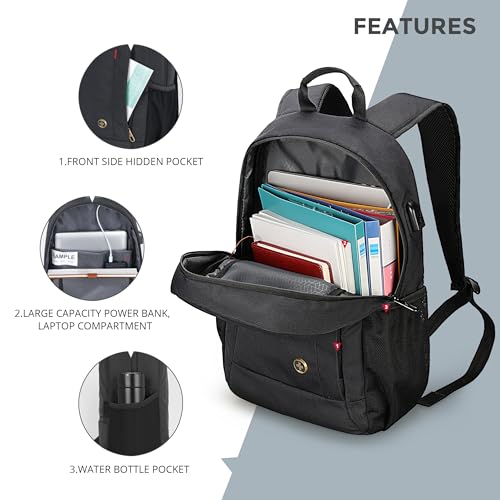 Swissdigital Design Travel Laptop Backpack, College Slim Laptops Backpack with USB Charging Port for Men and Women Fits 16 Inch Notebook, Black | ARBON4