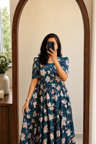 Image of Women's Rayon A-Line Midi Dress, Floral Print, Short Sleeves, Tiered Design, Round Neck, for Summer Wear