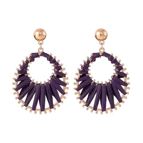 Viva Joya Boho Raffia Teardrop Earrings for Women, Large Statement Drop Dangle Earrings for Prom, Aesthetic Fashion Trendy Jewelry, Handmade Woven Beach Bridal Gift (Amethyst) Cover