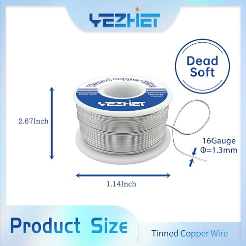 YEZHET Tinned Copper Wire 62 Ft, 16 Gauge, 0.5LB Spool for Stained Glass Project, Crafts, and Jewelry Making