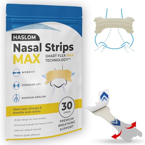 HASLOM® 30 Tiras Nasales MAX Sport Premium + Guía de Uso – Mayor Apertura de Fosas Nasales, Adhesivo Reforzado contra Sudor Intenso, Máxima Adhesión para Deporte y Dormir (6,6 x 2,2 cm – 30 Unidades)