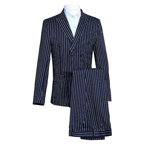 Mens Double Breasted Pinstripe Suit Slim Fit Vintage Classic Tuxedo Elegant Business Wedding Blazer