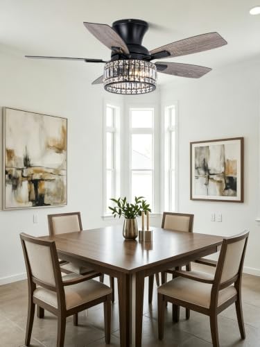 Image of 42 Inch Crystal Ceiling Fan with Lights and Remote Flush Mount | Farmhouse Rustic Fandelier Ceiling Fan, Low Profile Crystal Caged Chandelier for Bedroom Living Room, Reversible DC Motor