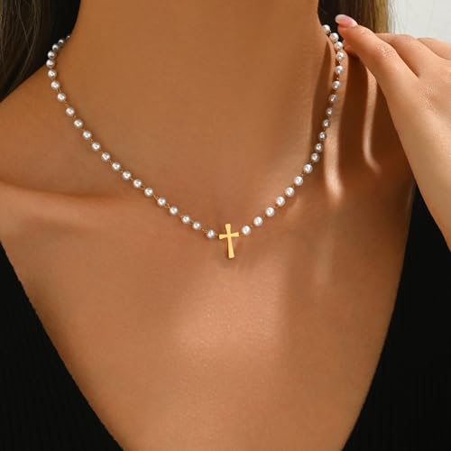 Cross Necklace for Women 18K Gold Plated Cross Pendant Necklace Dainty Sidways Cross Choker Necklaces Simple Small Cross Pearl Chain Trendy Faith Jewelry Gift3