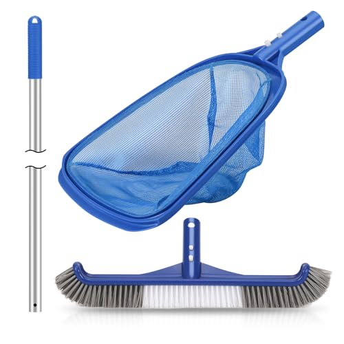 Pool Cleaning Kit, 18\'\' Pool Brush Head & Pool Skimmer Net with 60\" Pole, Pool Net Skimmer & Pool Brush with Pole, Pool Net & Pool Brushes for Cleaning Pool Walls with Pole