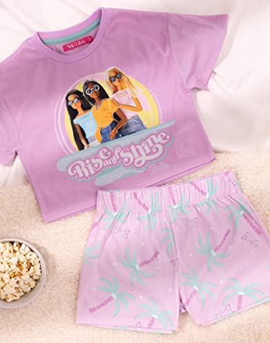 Barbie Girls Pajama Set | Kids Pink Crop Top T-Shirt Elasticated Shorts Complete PJs Bundle | Rise And Shine Doll Sleepwear2