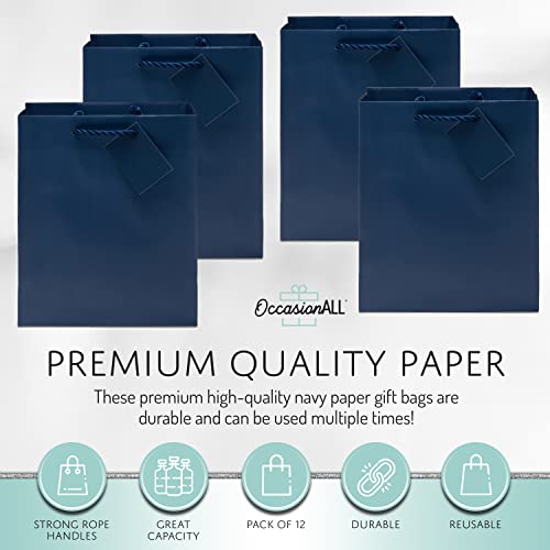 Blue Gift Bags - 12 Pack Small Navy Royal Blue Gift Bags With Handles, Paper Euro Totes For Christmas & Holiday Gift Wrap, Birthday Party Favor Bags For Boys & Men, Baby Showers, In Bulk - 6X3X7.5 #TOP5