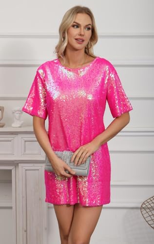 ENOPINK Women's Crew Neck Sequin Dress for Women Sexy V Neck Shirt Dresses Sparkly Shift Mini Dress4