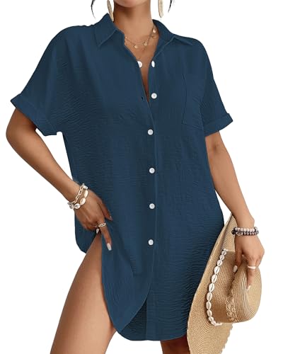 Bsubseach Frauen Badeanzug Coverup Shirt Kleid Button Down Badeanzug Cover Up Beachwear Marineblau XXL