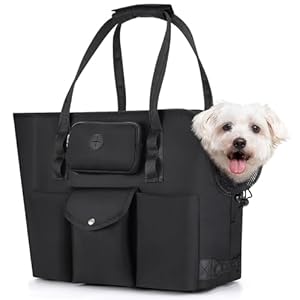SlowTon Dog Purse Carrier – Portable Dog Carrier with Pockets & Safety Leash for Small Dogs Under 12 lbs, Breathable Pet Tote Bag for Cat Rabbit Outing, Travel, Vet (Black)