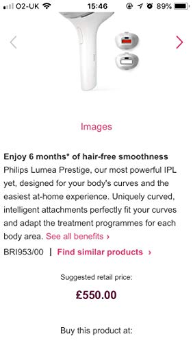 Philips Lumea Prestige BRI953/00 - Depilación con luz (Gris, Blanco, Luz pulsada intensa (IPL), 5 J/cm², 8,5 min, 1,5 min, 2 min)