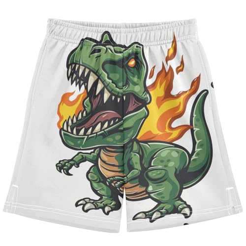 Boys Casual Shorts, Athletic Gym Shorts Elastic Waist with Pockets Fire Dinosaur Green Summer Sports Homewear 7-15Y
