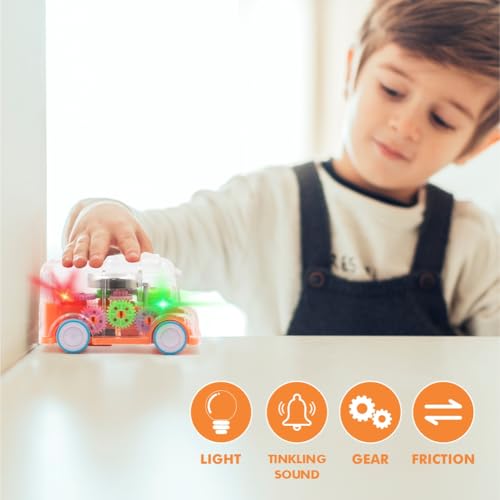 Image of ADITI TOYS Transparent Gear Bus for Kids, Mini School Bus with Tinkling Sound and Light Toy for Kids Above 3 Years, BIS Approved (Orange)