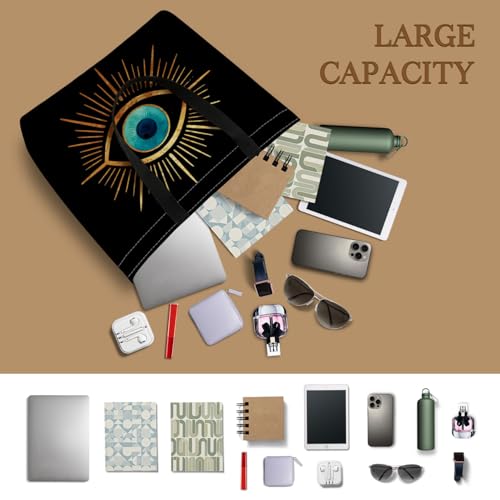 HEizmorixs Golden Evil Eye Print Canvas Tote Bag Reusable Washable Foldable Grocery Handbag with Inner Pocket for Travel, Beach, Work, Casual Stylish Golden Evil Eye Present for Women Friends - Image 7
