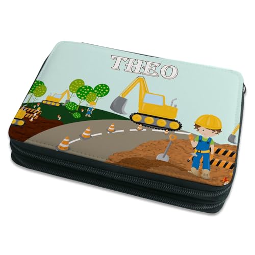 CreaDesign Kinder Federmäppchen mit (Wunsch) Namen, einzigartige Federtasche durch Personalisierung, Schulmäppchen - Motiv Bagger