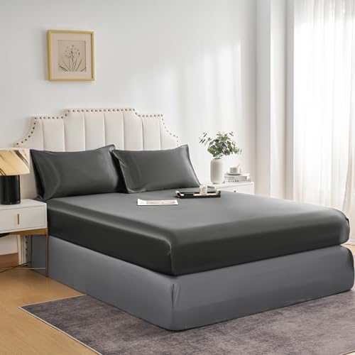 JHCHMX Sábana bajera ajustable de satén de color gris satén con bolsillo profundo sábana bajera de seda de satén de color gris suave extra profunda 35 cm transpirable y cómoda resistente (gris doble)