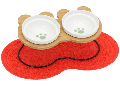 PetStyle えさ皿 ランチョンマット ∞型 セット 猫 犬 食器 えさ 皿 餌入れ フードボウル ペット ご飯皿 水飲み マット 食べやすい 滑り止め 陶器 アイアンバンブースタンドダブル (ダブル/肉球柄) (レッド)