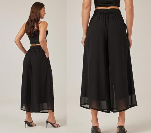 heipeiwa Women's Chiffon Wide Leg Palazzo Pants Summer Capris Crop Culotte Pants with Removable Belt Tie-Knot Beach Outfits3