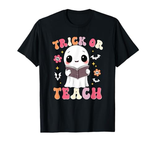 Trick or Teach Ghost Halloween Teacher Groovy Floral Camiseta