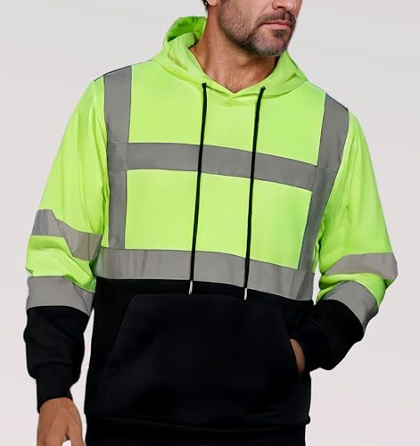 Men's ANSI Class 3 High Visibility Reflective Safety Hi Vis Hoodie Pullover with Black Bottom for Work2