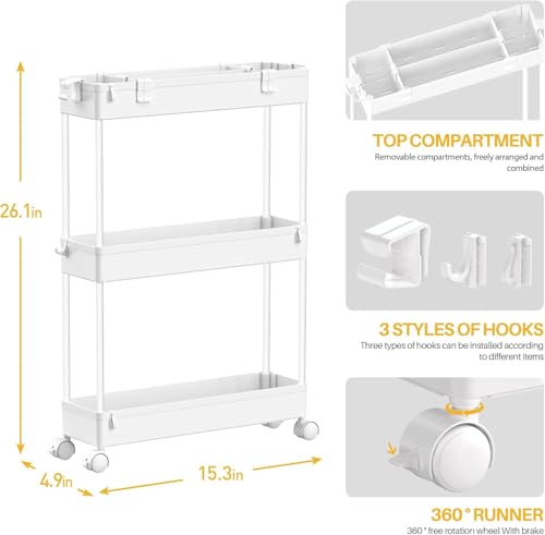 Image of SPACELEAD 2-piece Set Slim Storage Cart 3 Tier,Bathroom Organizer Rolling Utility,Mobile Shelving Unit Slide Out for Office, Kitchen, Laundry Room & Narrow Places