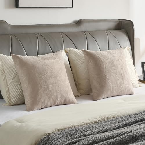 Image of FUTEI Pack of 2 Velvet Throw Pillow Covers 12x20 Inch Soft Embossed Leaf-Relief Textured Decorative Lumbar Pillowcases Modern Natural Farmhouse Accent for Couch Bed Living Room, Oatmeal
