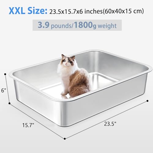 Extra Large Stainless Steel Cat Litter Box, Metal Litter Box with Non-Stick Surface, Heavy Duty Cat Box for Big Cats and Rabbits (Included 35”L x 23”W Litter Mat) - Thumbnail 5