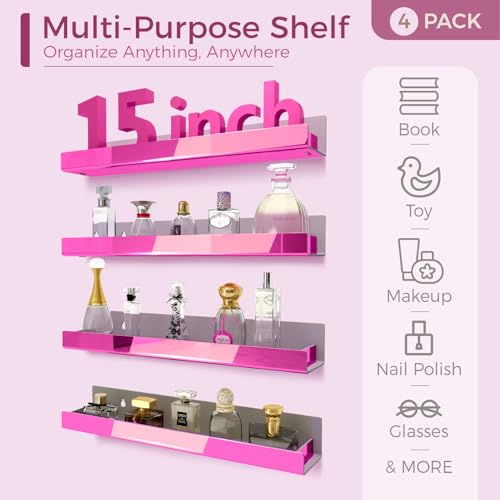 Image of 4 Pack 15 Inch Pink Reflective Acrylic Floating Wall Shelves