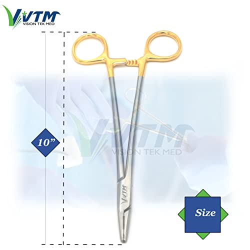 Image of 10 Inch TC Mayo Hegar Needle Holder Driver with Tungsten Carbide Inserts and Gold Rings Premium Grade Instrument