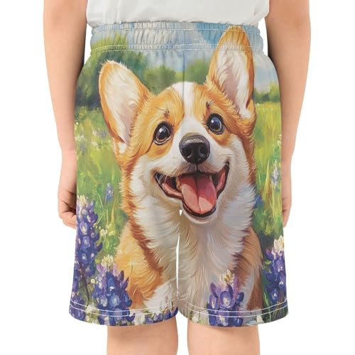 DOMIKING Corgi Lupines Green Kids Shorts Pull-on Boys Shorts with Elastic Waist Casual Athletic Pants for Playwear Summer3